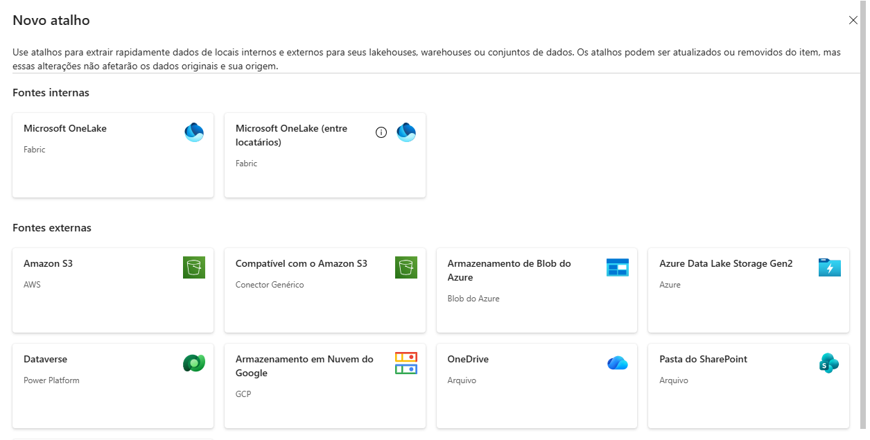 New shortcut screen in Fabric with internal and external sources, highlighting Microsoft OneLake