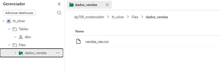 dados_vendas folder in lh_silver with the vendas_raw.csv file, marked as a shortcut by the link icon