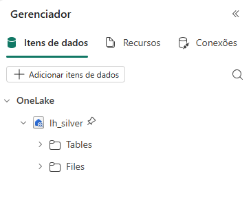 Notebook Data items pane with lh_silver attached, showing Tables and Files