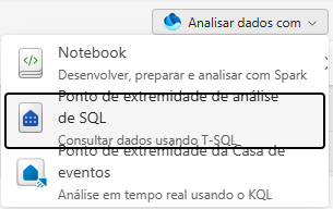 Menu Analisar dados com, com as opções Notebook, Ponto de extremidade de análise de SQL e Ponto de extremidade da Casa de eventos